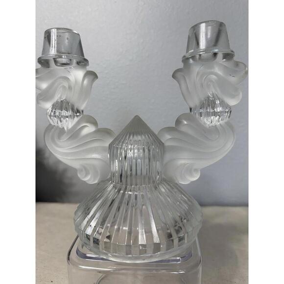 Vintage Crystal Glass 2 arm Candle Stick Holder Frosted Heavy Art Nouveau 4441 - Picture 4 of 6